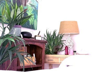 Peaceful corner at Gem Massage Therapy, Enfield, England featuring lush plants and ambient lighting.