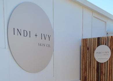 Indi+Ivy SkinCo signage on a modern wooden facade in Rye, Victoria, AU.