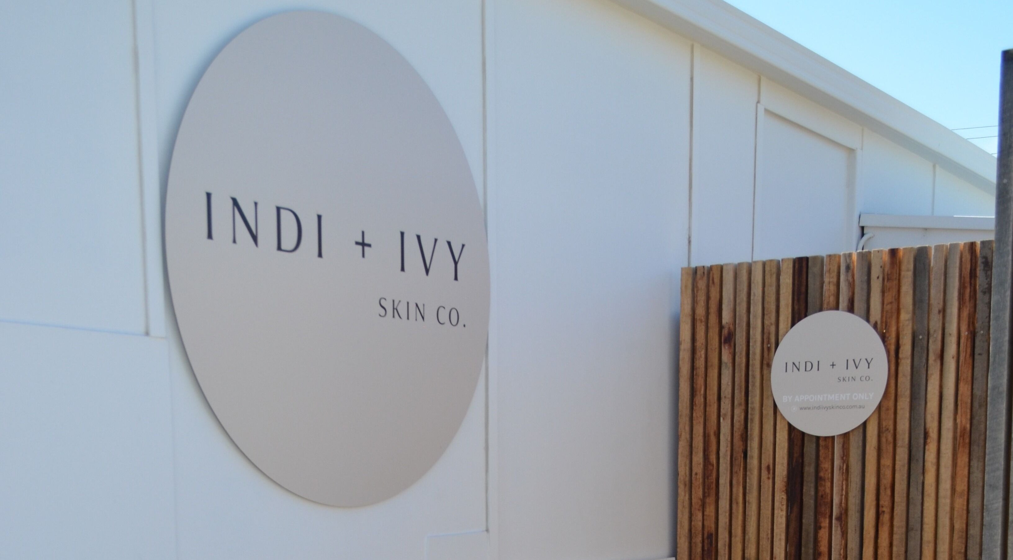 Indi+Ivy SkinCo signage on a modern wooden facade in Rye, Victoria, AU.