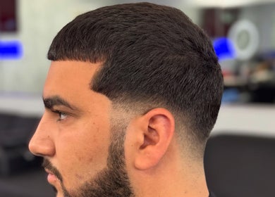 Close-up of sharp haircut fade by Chilly.Da.Barber at FAMA Cuts, Los Angeles, California, US.
