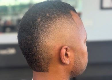 Close-up of a taper fade haircut at Chilly.Da.Barber of FAMA Cuts, Los Angeles, California, US.