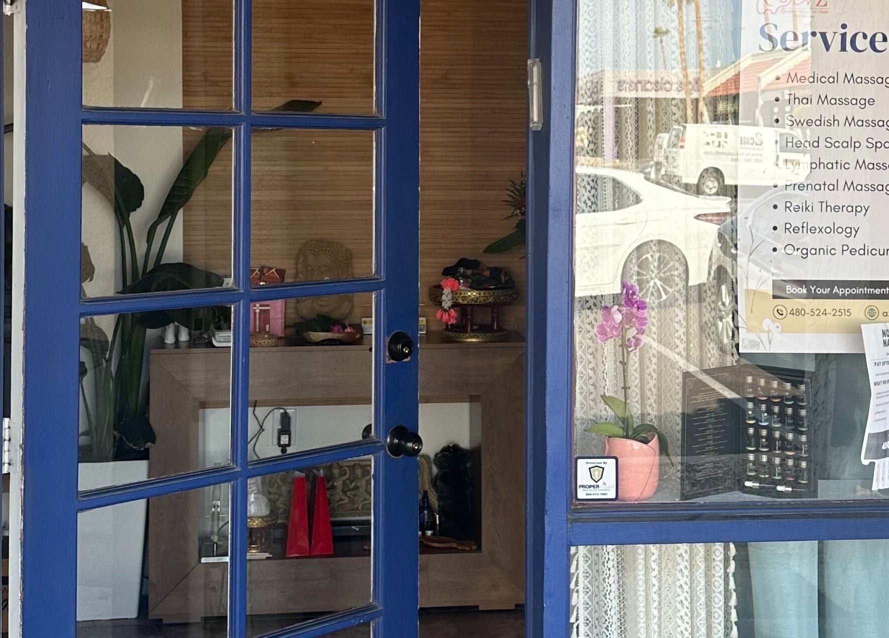 Entrance of Creative Spa & Az Siam Thai Massage in Scottsdale, Arizona, showcasing services offered.