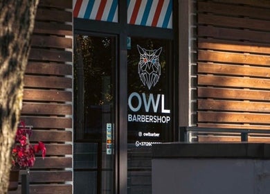Entrance to OWL Barbershop with logo on glass door in Rīga, LV, framed by wood paneling.