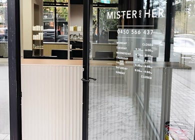 Elegant entry of Mister and Her in Bowden, South Australia, showcasing modern design and opening hours.