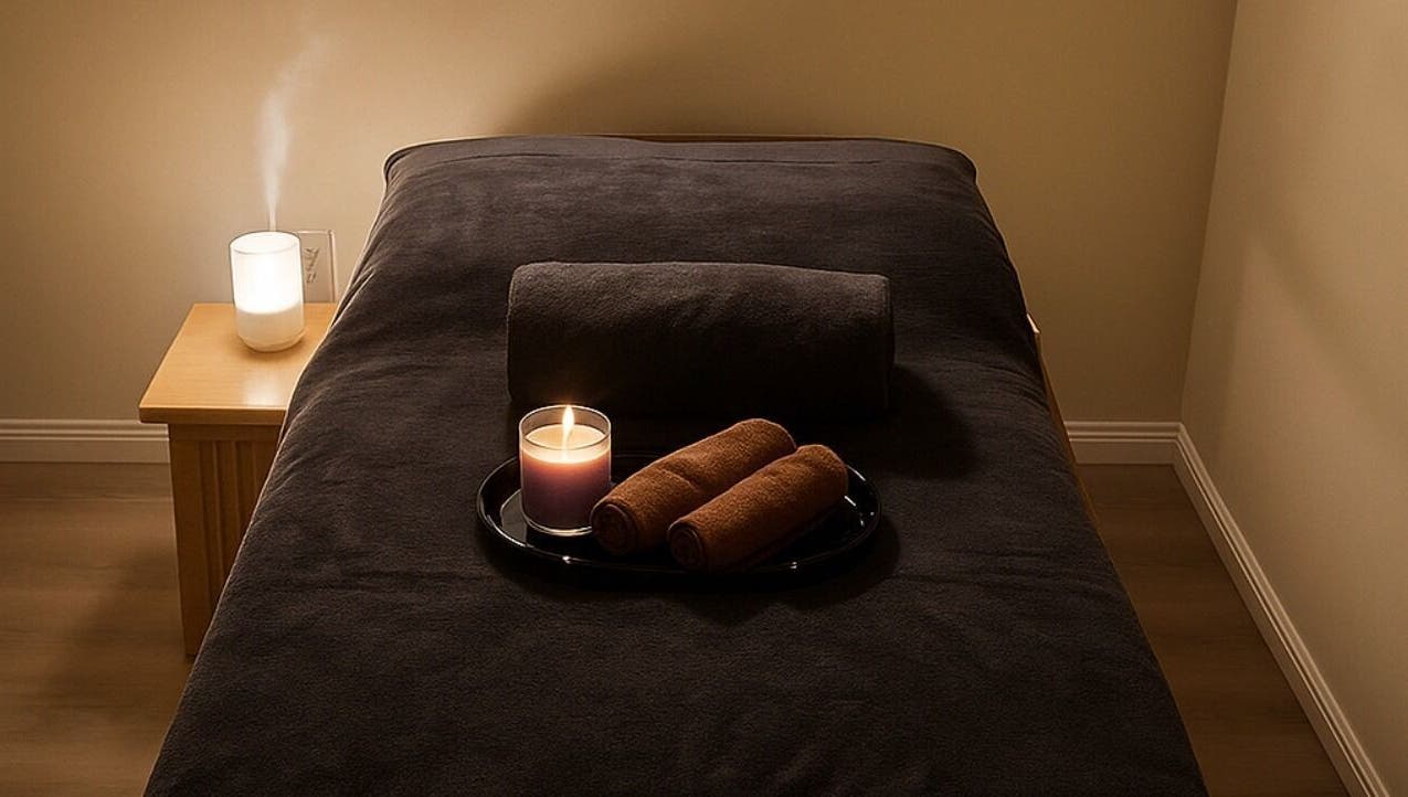 Relaxing massage room at Massage Legendary, Taigum, Queensland, AU with candles and rolled towels on a bed.