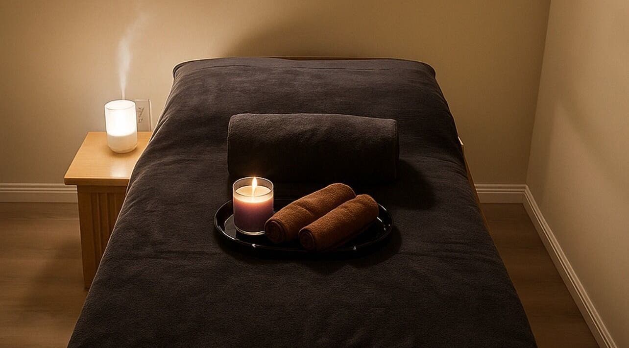 Relaxing massage room at Massage Legendary, Taigum, Queensland, AU with candles and rolled towels on a bed.