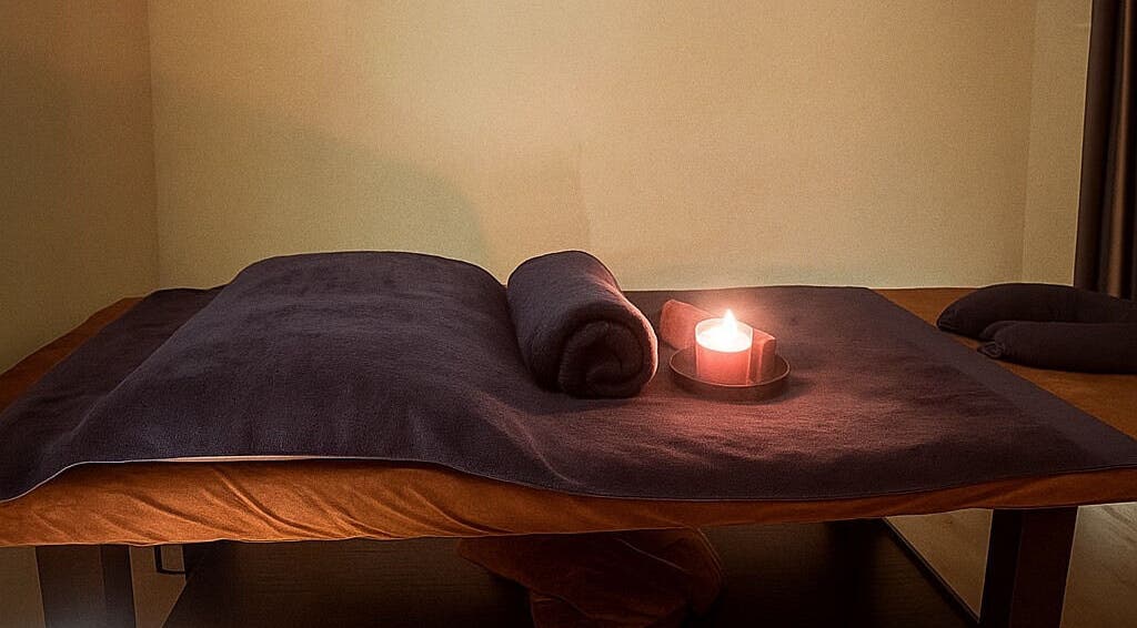Serene massage table setup with candle at Massage Legendary, Taigum, Queensland, AU.