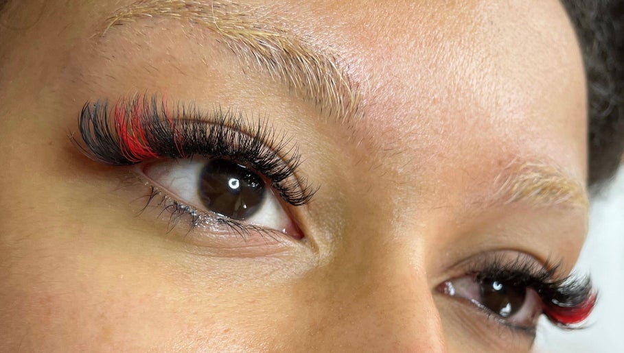 Close-up of bold eyelash extensions at FREAKlash, Brighton And Hove, England, GB, showcasing vibrant lashes.