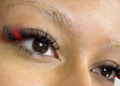 Close-up of bold eyelash extensions at FREAKlash, Brighton And Hove, England, GB, showcasing vibrant lashes.