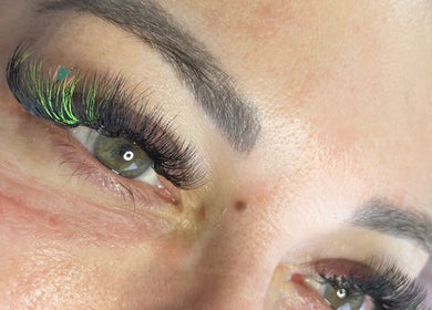 Close-up of vibrant eyelash extensions at FREAKlash in Brighton And Hove, England, GB.