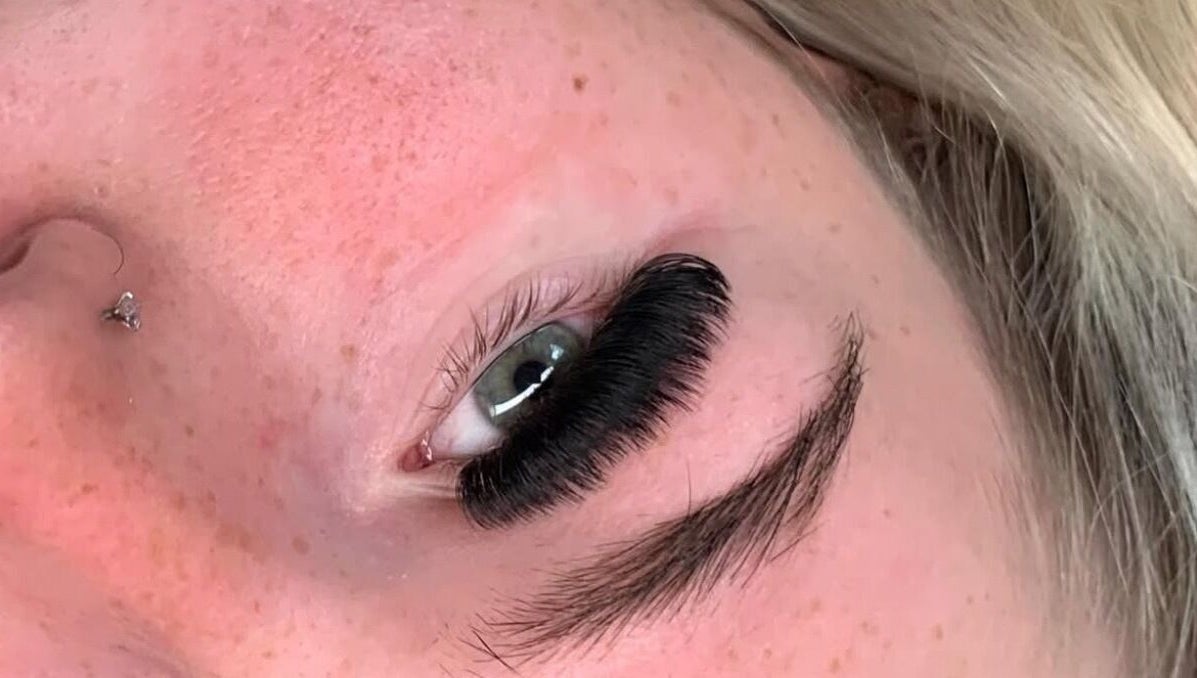 Close-up of eyelash extensions at Lashedbyelll in Nottingham, England, GB, showcasing detailed lash work.