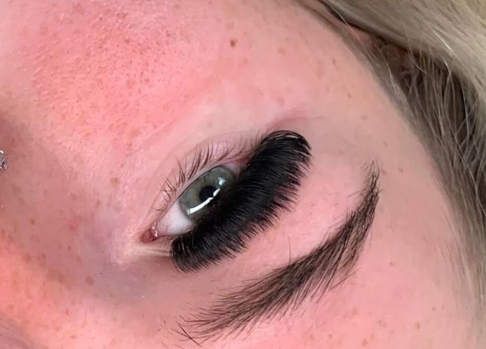 Close-up of eyelash extensions at Lashedbyelll in Nottingham, England, GB, showcasing detailed lash work.