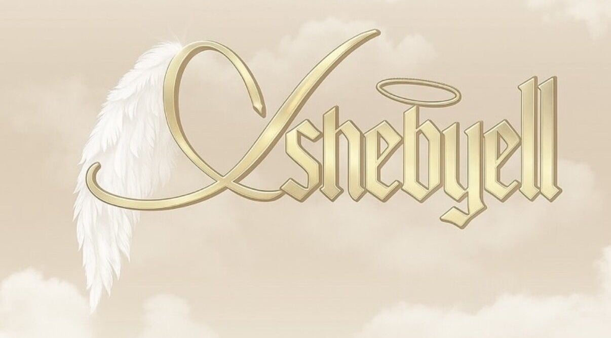 Lashedbyelll logo with golden text and feather, Nottingham, England, GB.
