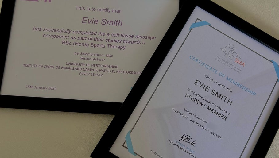 Certificates at ES Sports Massage, Ivinghoe, England, GB showcasing therapist qualifications.
