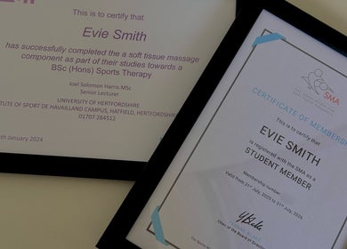 Certificates at ES Sports Massage, Ivinghoe, England, GB showcasing therapist qualifications.