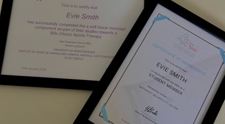 Certificates at ES Sports Massage, Ivinghoe, England, GB showcasing therapist qualifications.