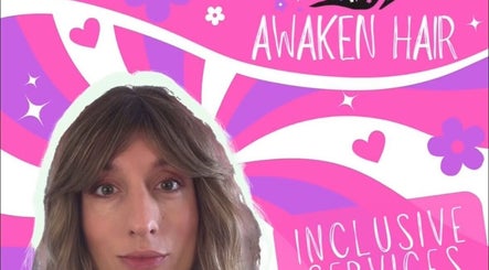 Colorful poster for Awaken Hair in Norwich, England, GB, featuring a person with inclusive services.