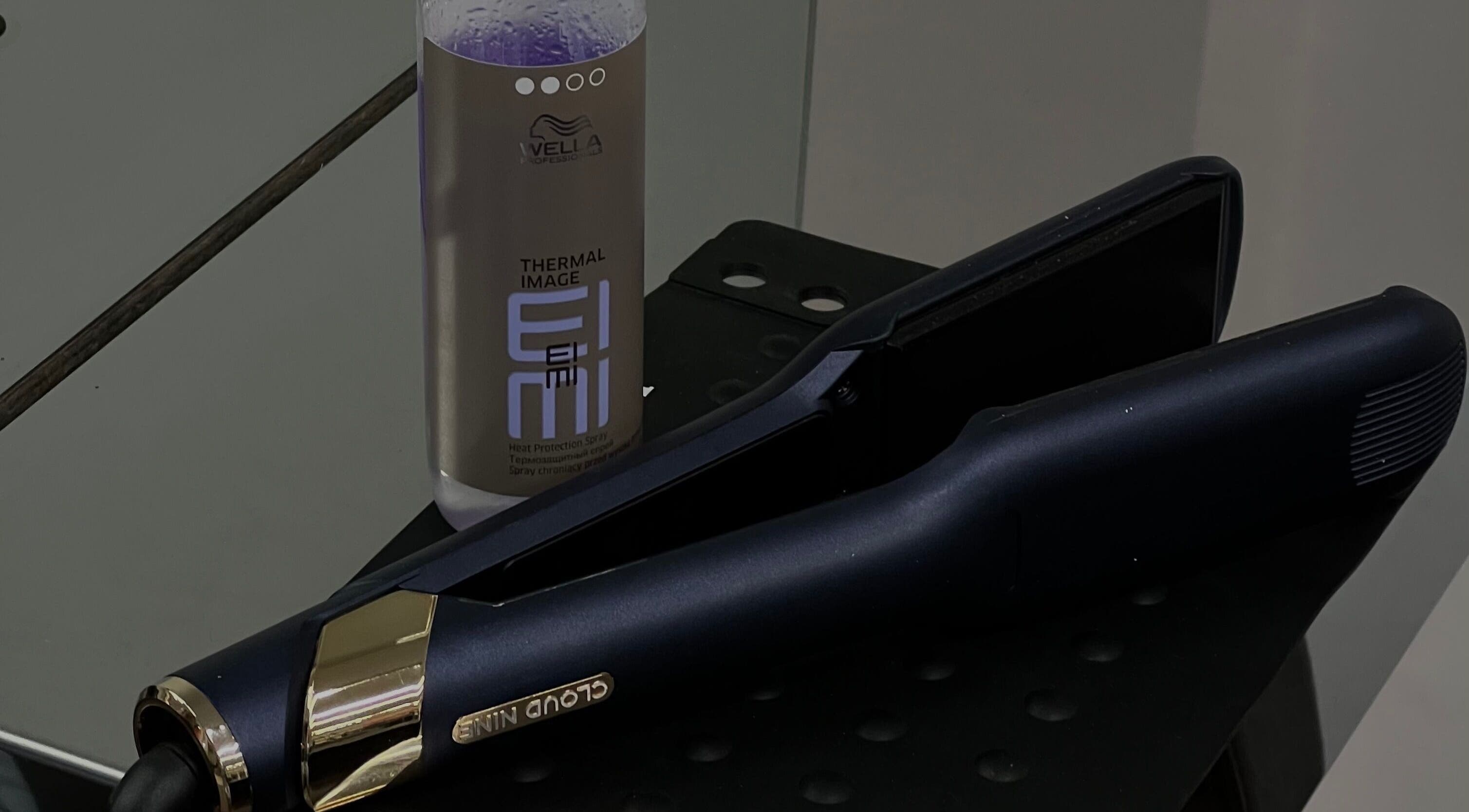 Professional styling tools at G R Hair Studio, Truro, England, GB. Includes flat iron and product.