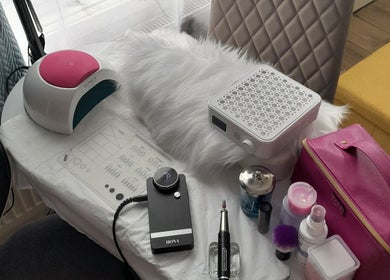 Manicure tools and UV lamp at Nails with Santa, Nuneaton, England, GB ready for a nail session.