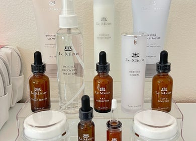 Skincare products on display at Refresh Skin in Carlsbad, California, US featuring Le Mieux serums.