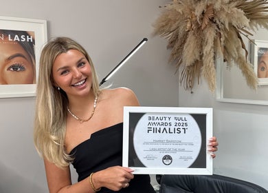Celebration at Bairbeauty, Chudleigh, England, GB with finalist award certificate in hand.