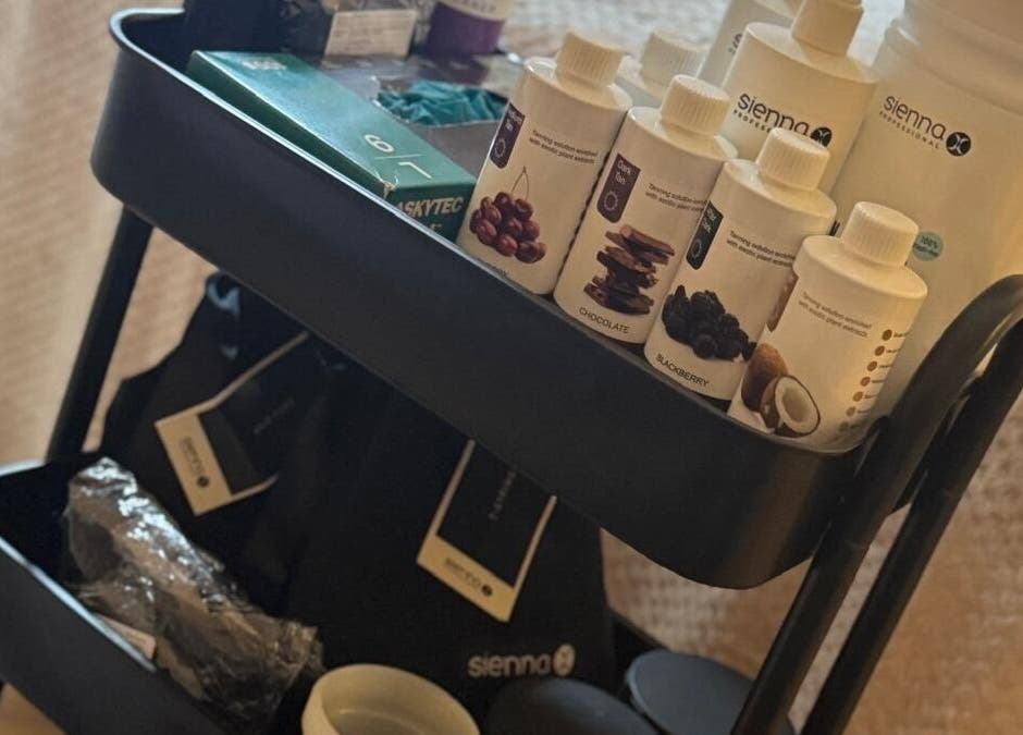 Beauty products cart at K&S Beauty & Aesthetics, Redditch, England, GB showcasing an array of treatment essentials.