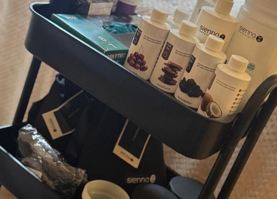 Beauty products cart at K&S Beauty & Aesthetics, Redditch, England, GB showcasing an array of treatment essentials.