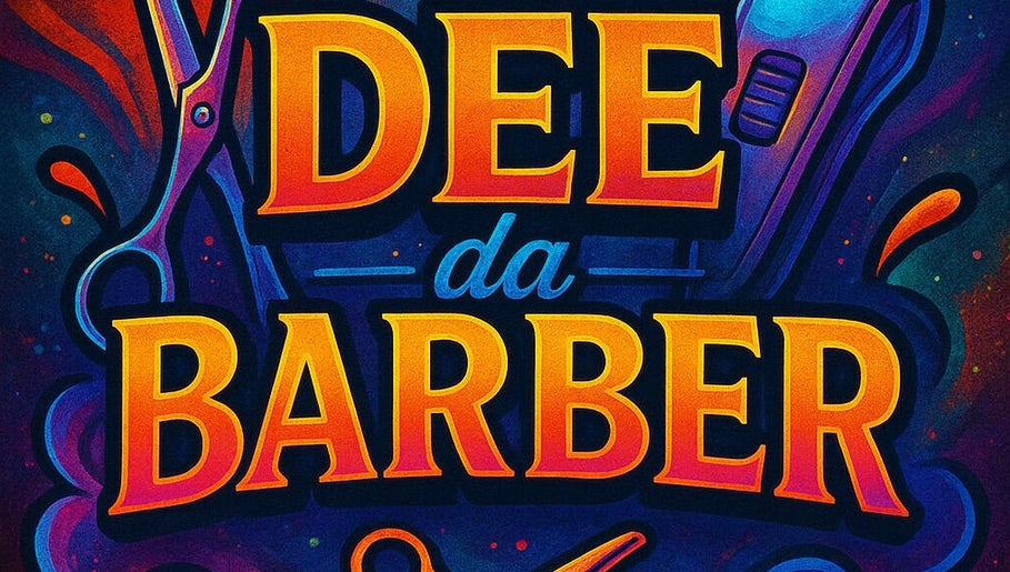 Bright, colorful logo of Dee Da Barber, Fayetteville, North Carolina, US featuring scissors and clippers.