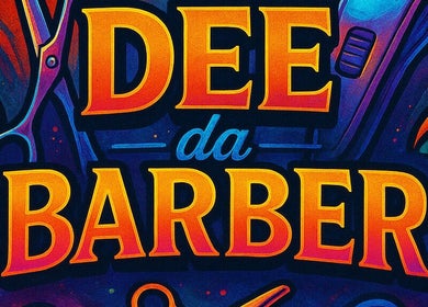 Bright, colorful logo of Dee Da Barber, Fayetteville, North Carolina, US featuring scissors and clippers.