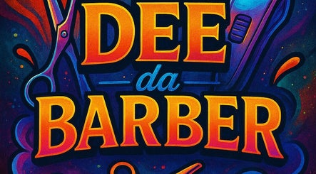 Bright, colorful logo of Dee Da Barber, Fayetteville, North Carolina, US featuring scissors and clippers.