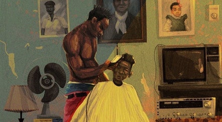 Artistic depiction of a barber at work in Dee Da Barber, Fayetteville, North Carolina, US.