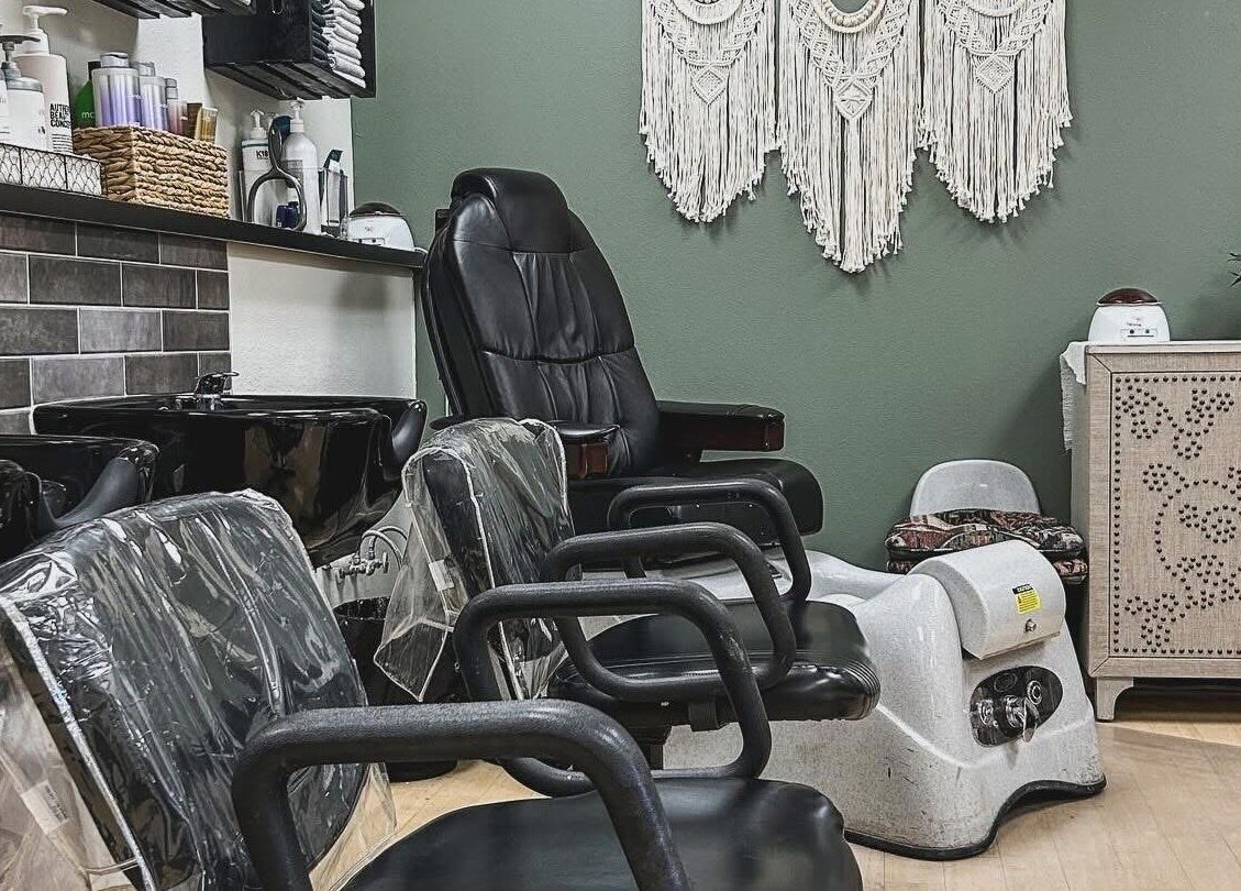 Modern salon chairs and pedicure station at KT Perfectly Polished, Hurricane, Utah, US.