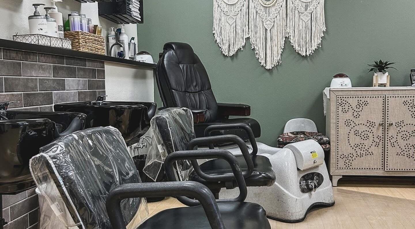 Modern salon chairs and pedicure station at KT Perfectly Polished, Hurricane, Utah, US.