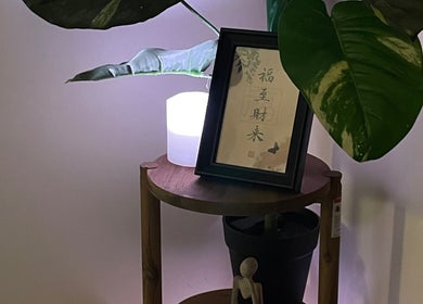 Calming Zen decor at Pearl BodyCare in Bunbury, Western Australia, AU, featuring framed art and lush plant.