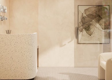 Modern reception area at Gaya Massage, Darlinghurst, New South Wales, AU with plants and abstract art.