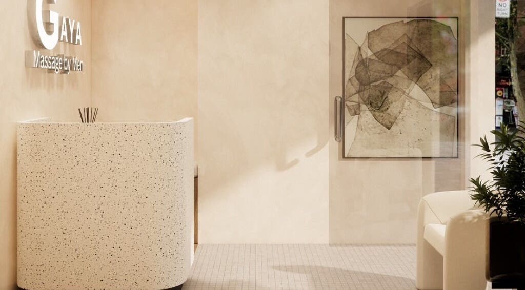 Reception area at Gaya Massage, Darlinghurst, New South Wales, AU with modern decor and seating.