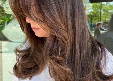 Lange, glanzende bruine haarstijl bij Forms Hair in Hengelo, Overijssel, NL.
