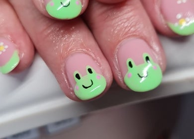Unique frog and floral nail art by Nails by Claire, Par, England, GB. Featuring green and pink tones.
