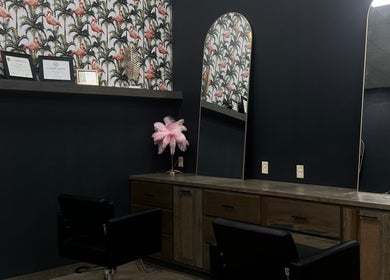 Elegant salon interior of SG Stylez Hair Salon in Wills Point, Texas, US with stylish mirror and decor.