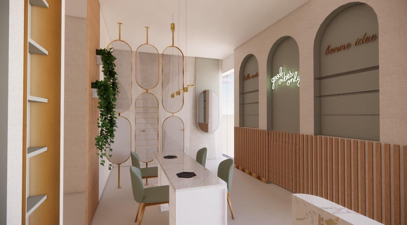 Eleganckie wnętrze Agnieszka Falcman MIOcare, Gdynia, Województwo Pomorskie, PL z zielonymi dekoracjami.