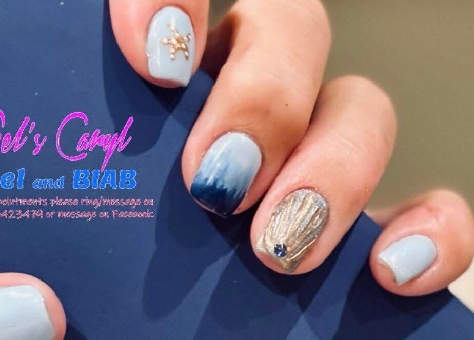Intricate nail art at Gels Caryl in Nefyn, Cymru, GB showcasing creative gel designs and BIAB style.