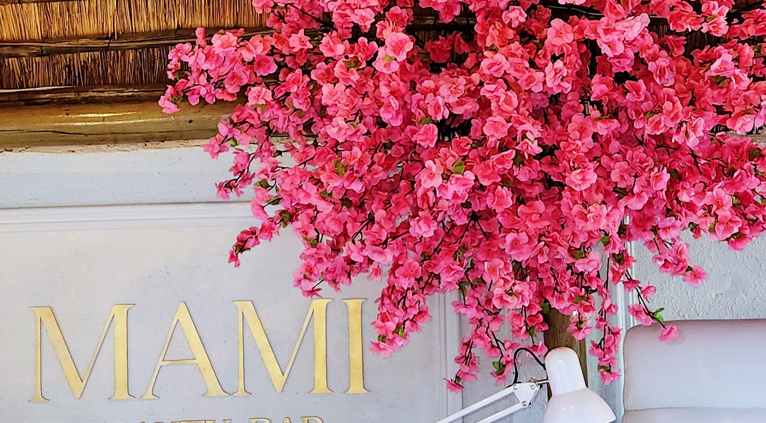 Vibrant pink blossoms at Mami beauty bar, Alberton, Gauteng, ZA enhance the elegant interior decor.