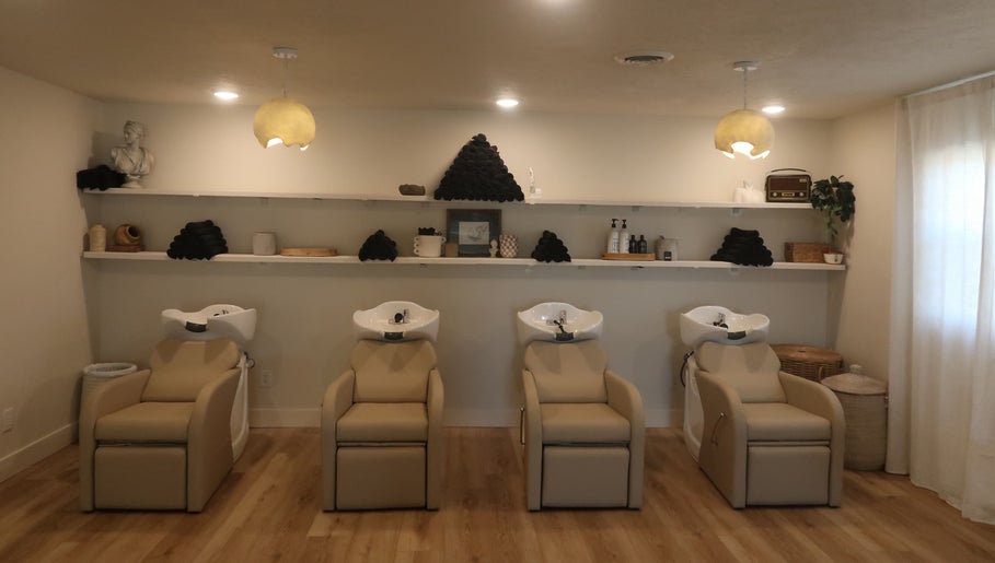 Elegant hair wash stations at Zoetic Beauty in Marion, Illinois, US, featuring modern, plush seating and ambient lighting.