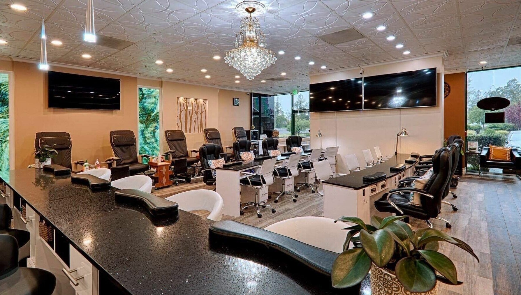 Elegant interior of Shiloh Nails and Spa, Windsor, California, featuring luxurious manicure stations.