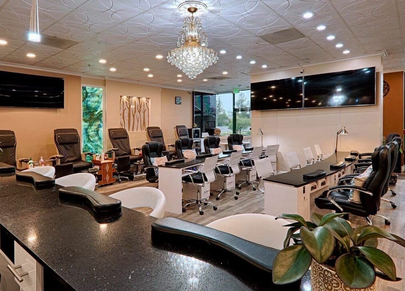 Elegant interior of Shiloh Nails and Spa, Windsor, California, featuring luxurious manicure stations.