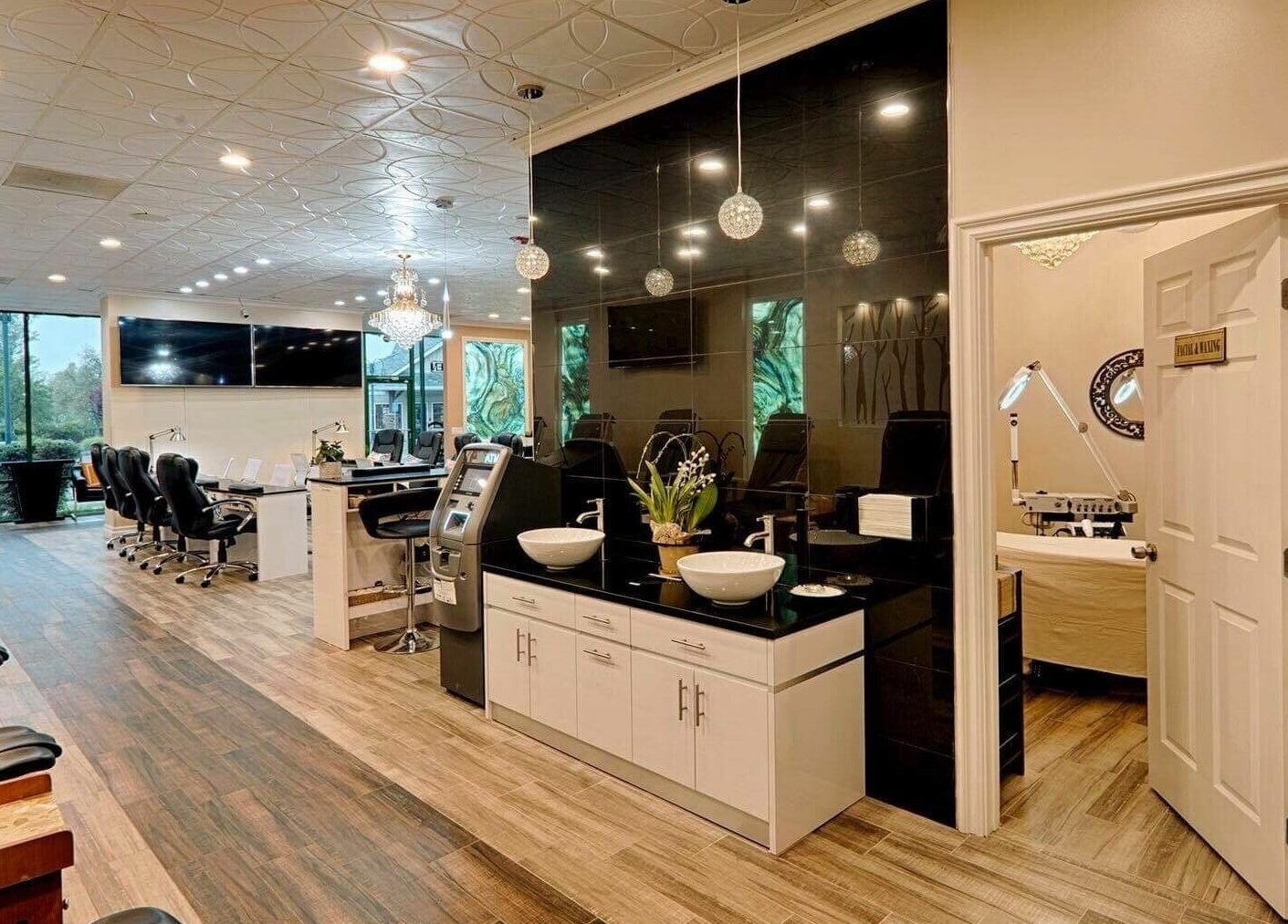 Luxurious interior of Shiloh Nails and Spa in Windsor, California, US with modern décor and facilities.