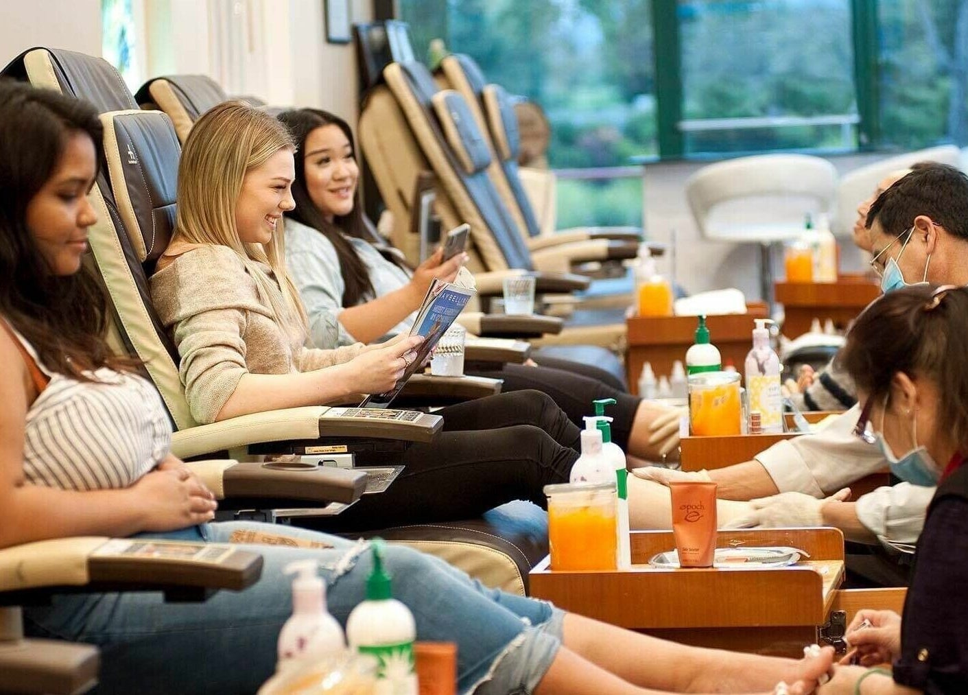 Customers enjoying pedicures at Shiloh Nails and Spa, Windsor, California. A serene beauty and wellness experience.