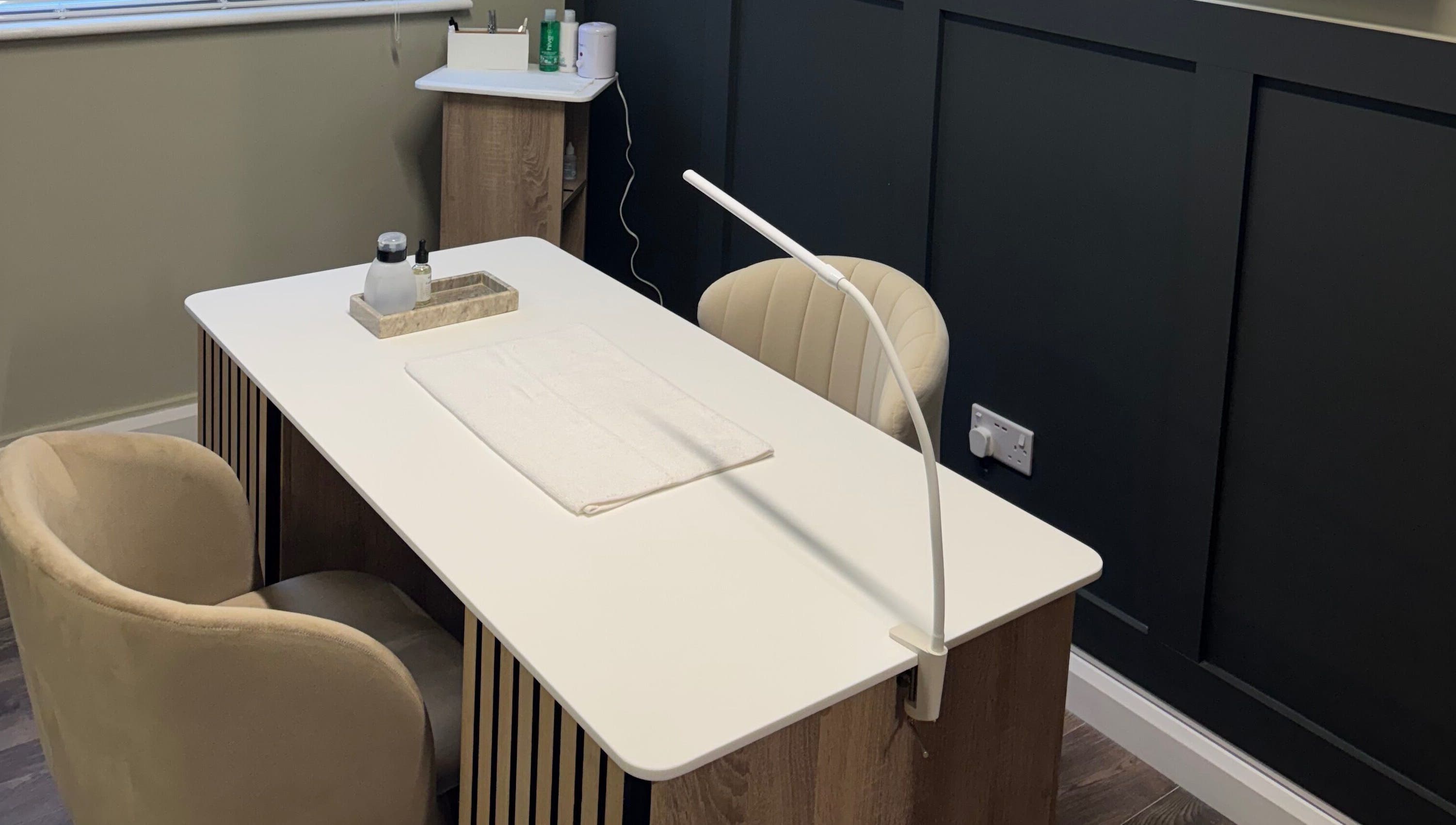 Nail station at Luxe Nails & Beauty by Amy McHale in Gorey, County Wexford, IE. Modern and chic setup.