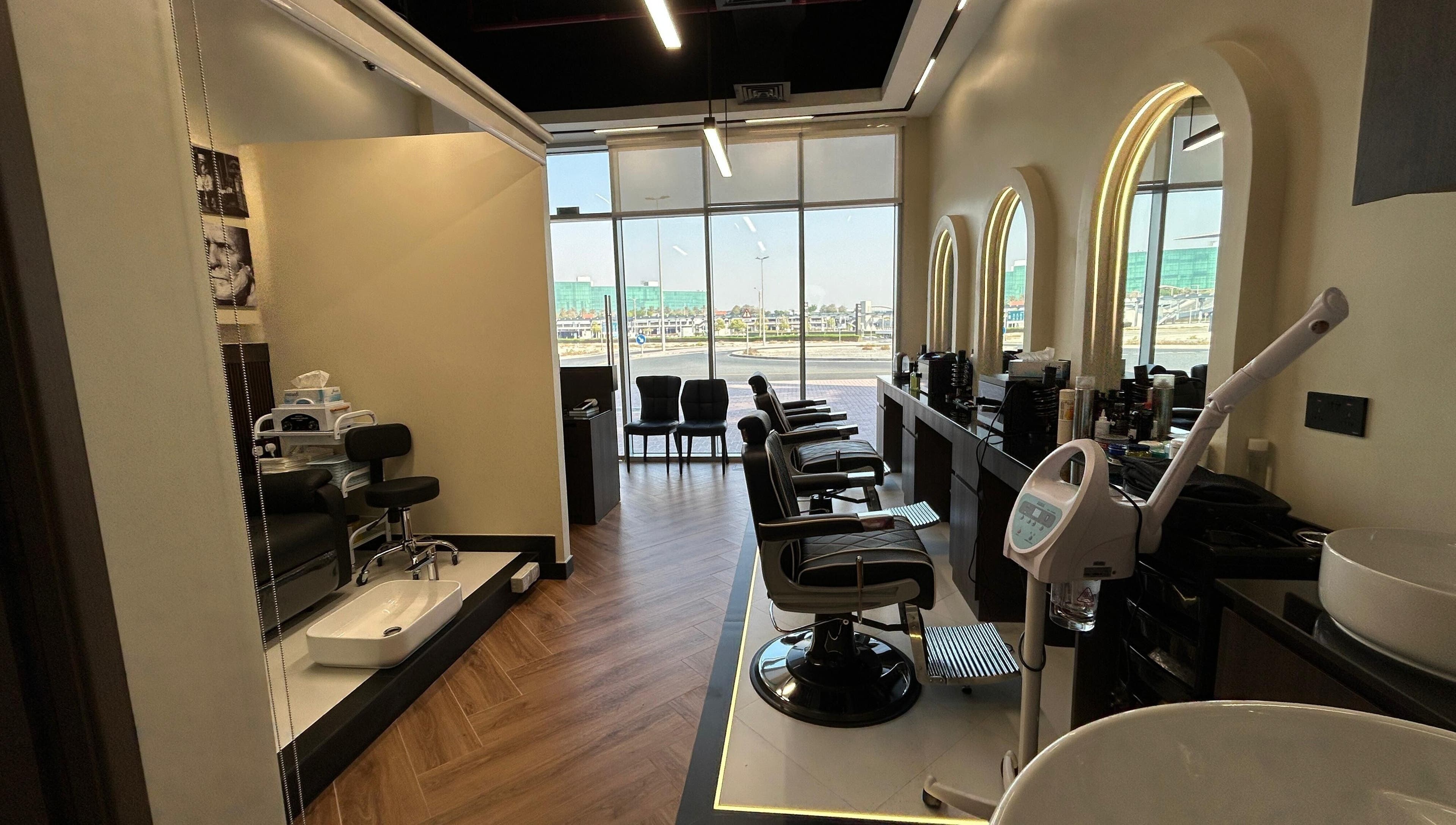 Zero Double Seven Gents Salon interior with luxury barber chairs in Dubai, Dubai, AE.