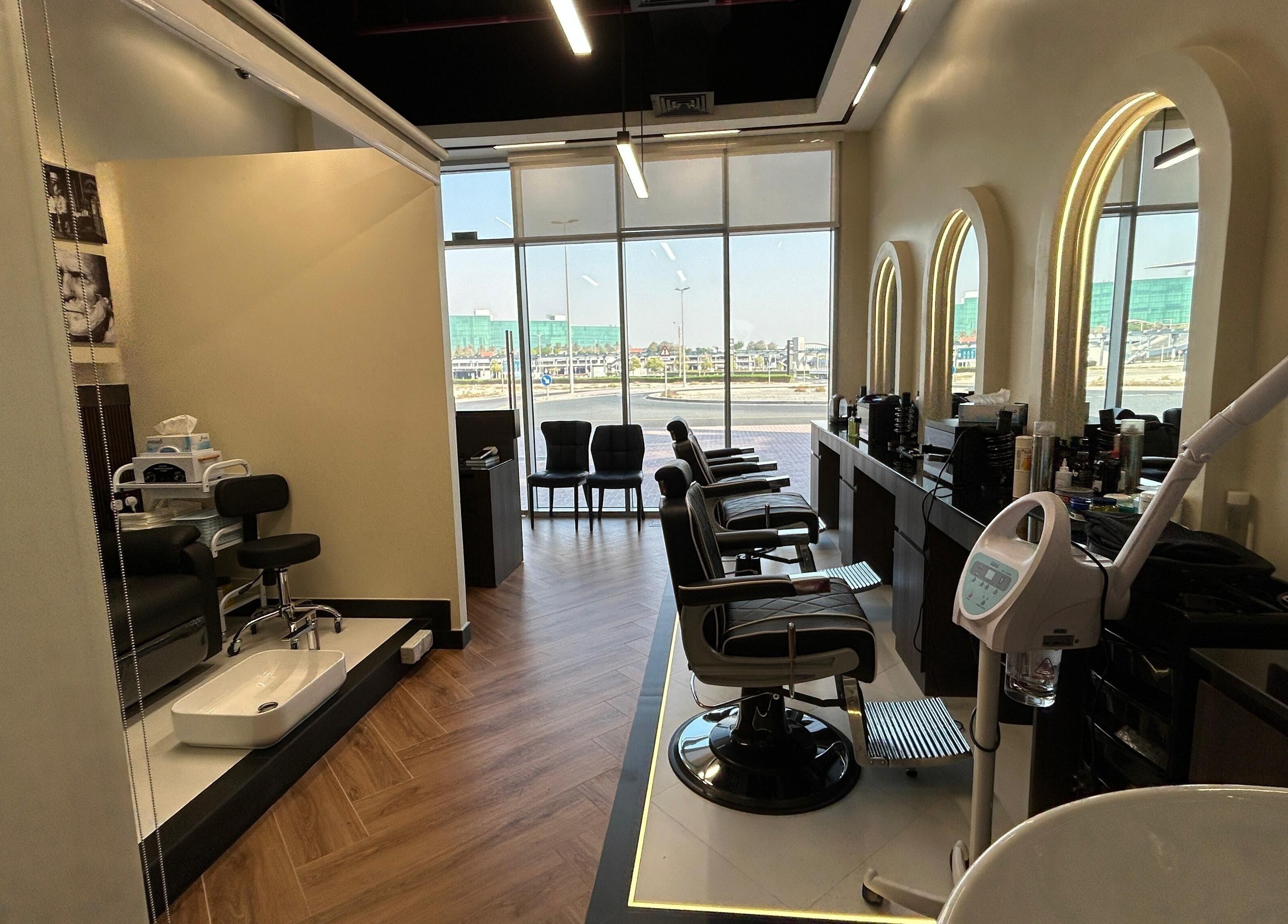 Zero Double Seven Gents Salon interior with luxury barber chairs in Dubai, Dubai, AE.
